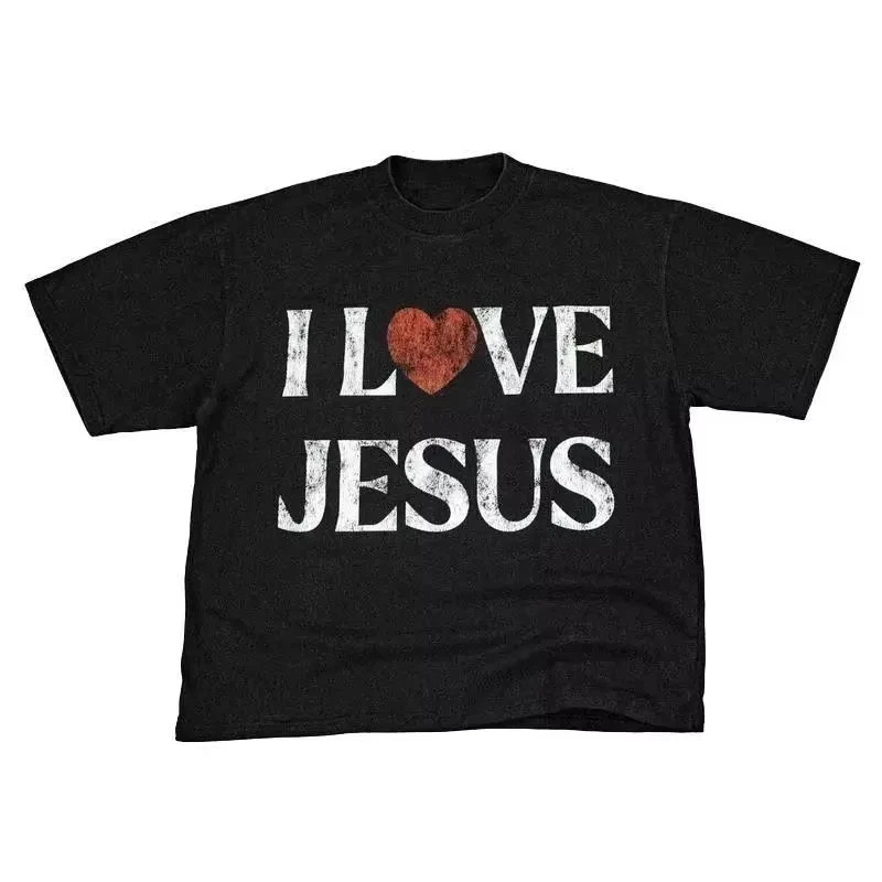 Vintage I Love Jesus Print Short Sleeve T-Shirt Menswear Top Underwear Tshirt Cotton Polyester,Women's Letter Print Round Neck