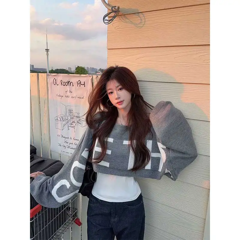 

Women Clothing Autumn Winter Fashion Simplicity Printing Solid Color O-neck Knitting Female All-match Appear Thin Pullovers Tops