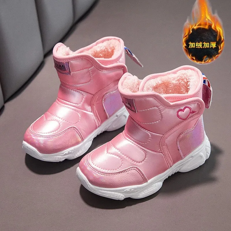 2024 Winter Snow Boots for Girls PU Leather Waterproof Thicking Plush Warm Cotton Shoes Anti-slippery Children Outdoor Sneakers