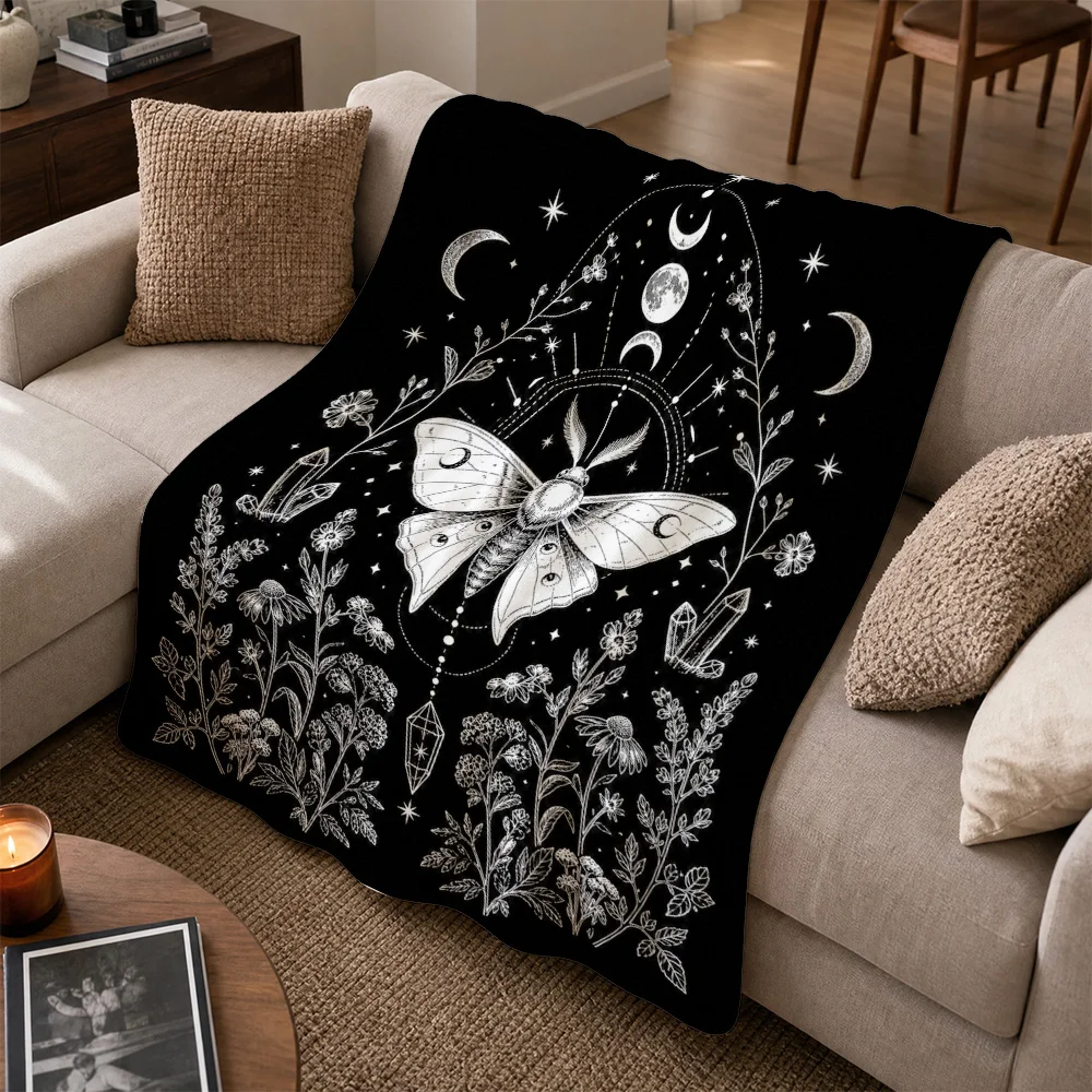 Boho Celestial Zodiac Witchy Moon Stars Moth Floral Print Throw Blanket Black Aesthetic Cozy Sofa Couch Decor Gift