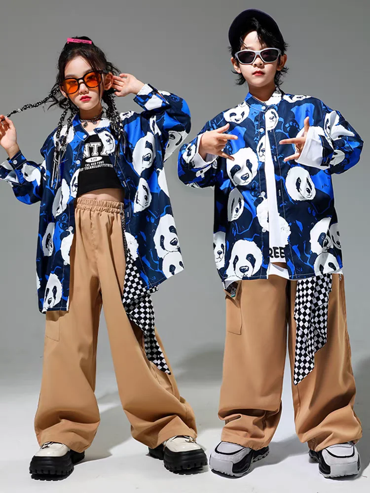 

Kids Street Dance Panda Shirt Loose Pants Boys Hip Hop Cartoon Jacket Baggy Trousers Sweatshirt Clothes Teen Streetwear Costume