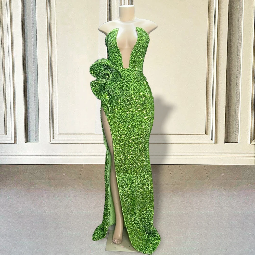 

Green Mermaid Long Prom Dress 2023 Sparkly Sequin Sexy High Side Slit Girls Women Formal Evening Gowns for Graduation Party