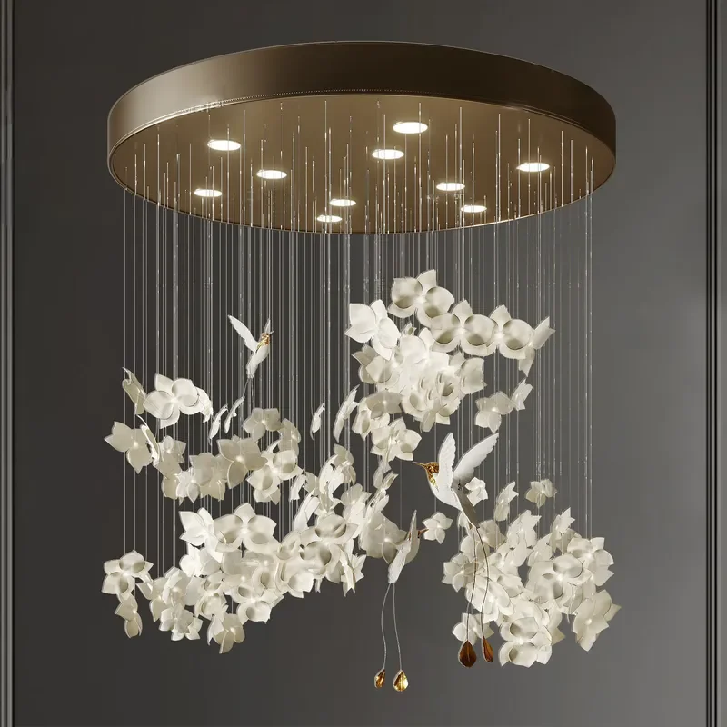 New Chinese Style Flower Bird Decorative Chandelier for Stairs and Senior Restaurant Private Rooms Ceramic White Pendant