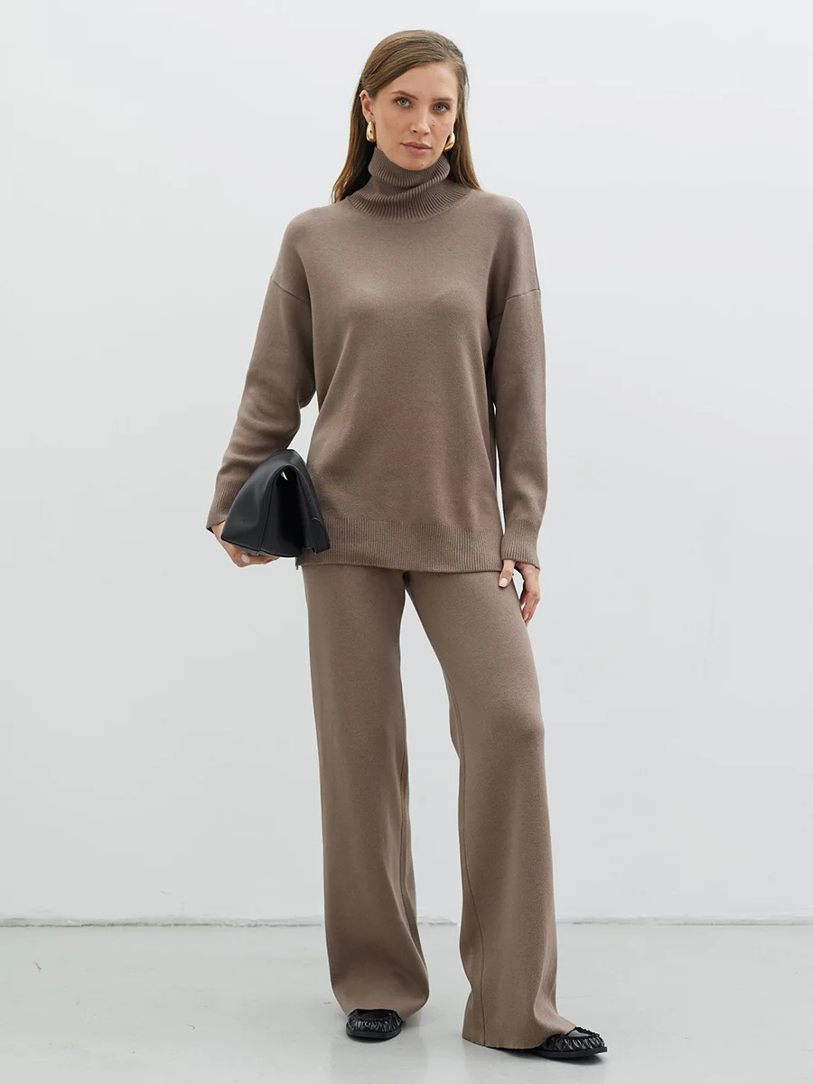 

Wolfeel, осенне-зимний женский новый вязаный свитер с высоким воротником, комплект с широкими штанинами, мягкий свободный модный пуловер с высокой талией