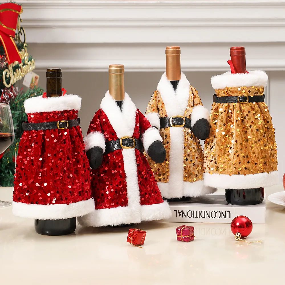 

Christmas Sequin Wine Bottle Cover, Sparkly Dress Skirt for Red Champagne Bottles Holiday Party Decoration