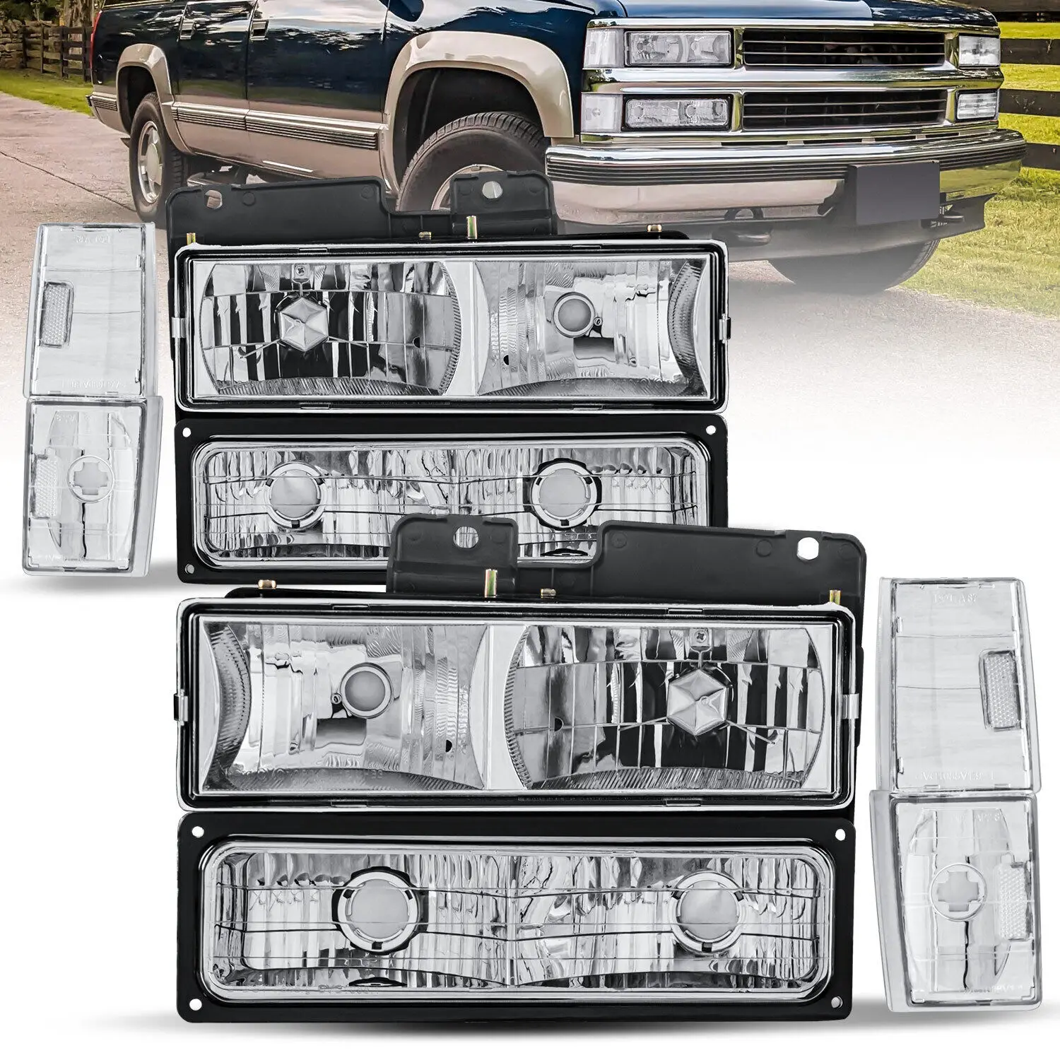 

2X Headlights w/ Bumper & Corner Lights For 1988-1993 Chevy C/K 1500 2500 3500