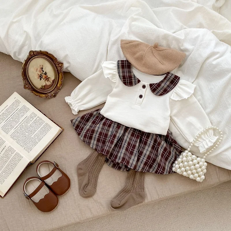 

2PCS Set Newborn Baby Girl Clothes INS Autumn Long Sleeve Peter Pan Collar Shirt+Plaid Skirted Bloomers Shorts Outwear Suit 0-3Y