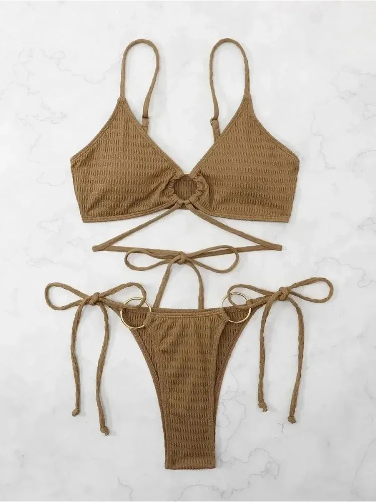 

Женский сексуальный комплект микро бикини с кофе пуш-ап, новинка 2025 года, стринги с вырезом и кольцом, связанный бандажный стиль, купальник, летние купальники