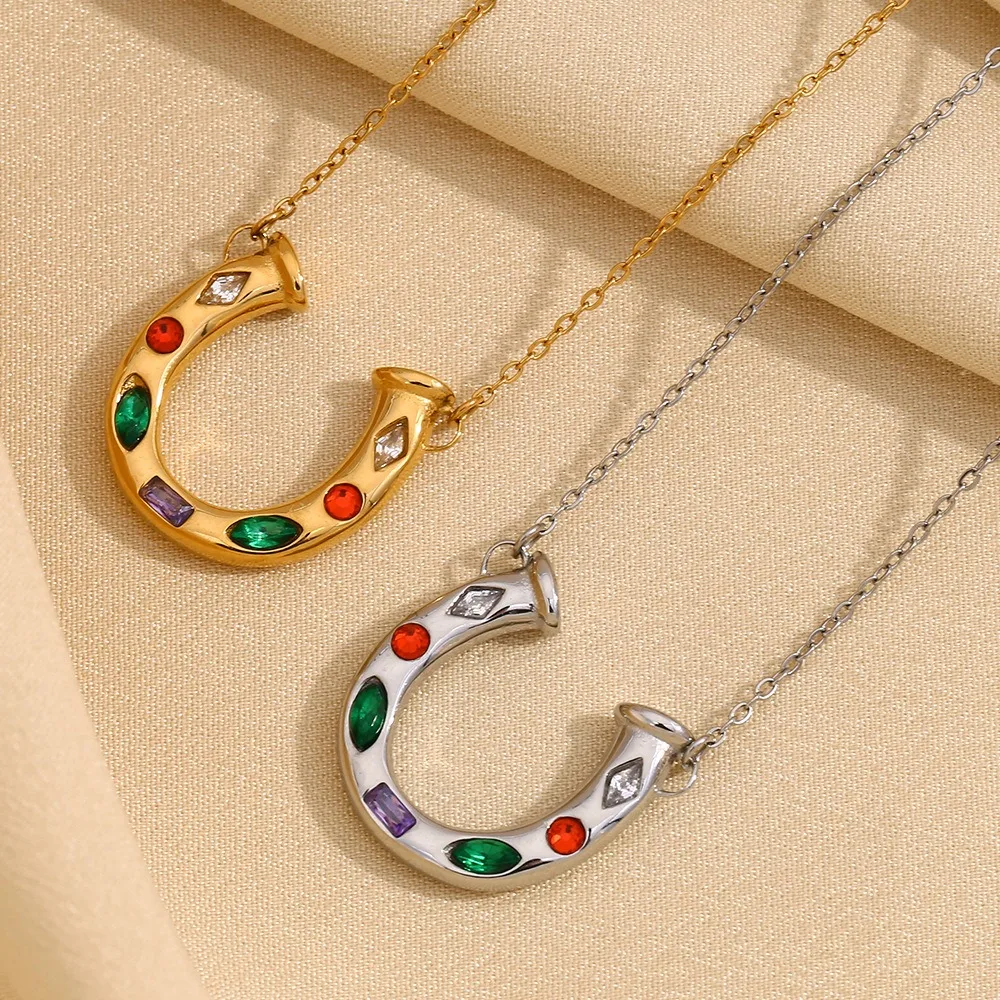 Summer Fashion Pendant Necklaces Horseshoe Necklace Stainless Steel Zircon Colored Necklace for Women Waterproof Sunshine Girl