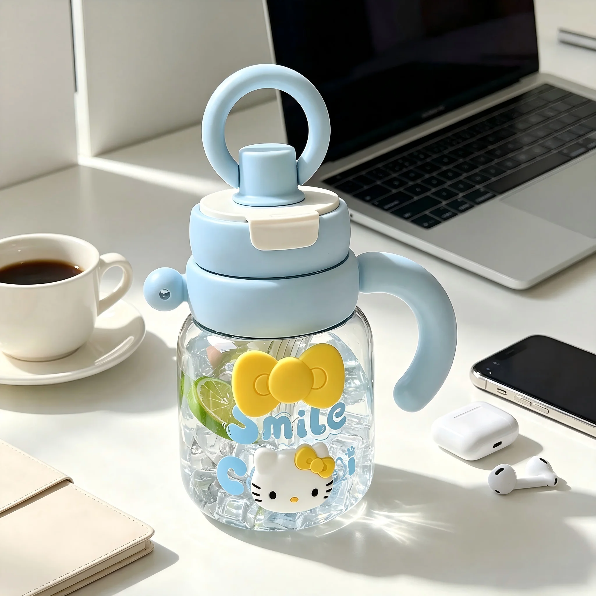 Vaso de Agua de Plástico de Gran Capacidad Hello Kitty, Vaso con Pajita Elegante para Niñas, Vaso Portátil de Verano para Enfriar Bebidas para Estudiantes