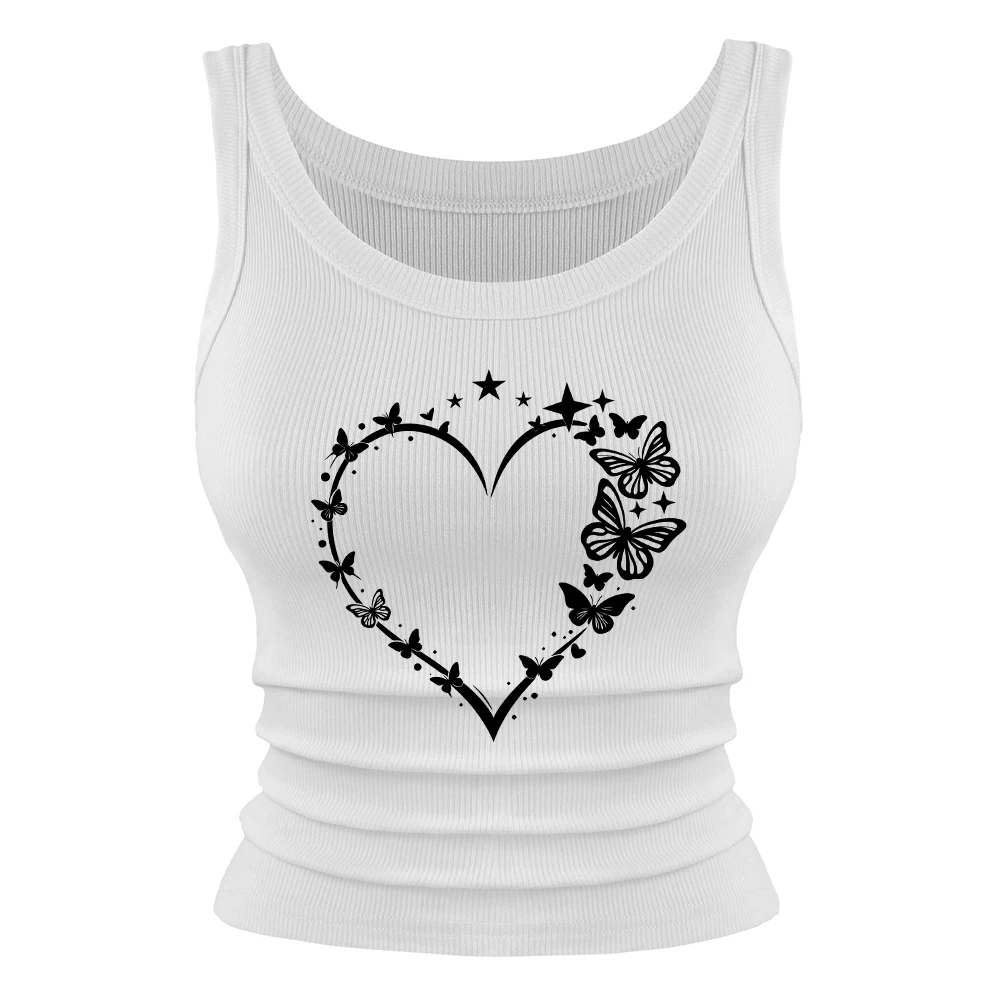 Damen-Tanktops mit Schmetterlings-Herz-Grafikdruck, lässig, schmal geschnitten, Basic-Unterhemd mit weichem O-Ausschnitt, elastische Sommer-Tanktops aus Baumwolle