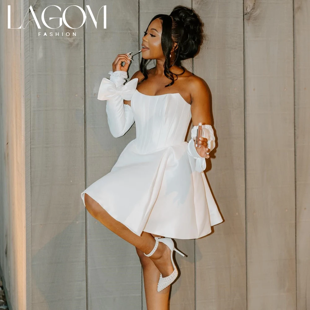 Lagom Elegant Stylish Strapless Satin A Line Reception Wedding Dress Mini-Length Sleeveless Romantic Vestido De Novia Customized