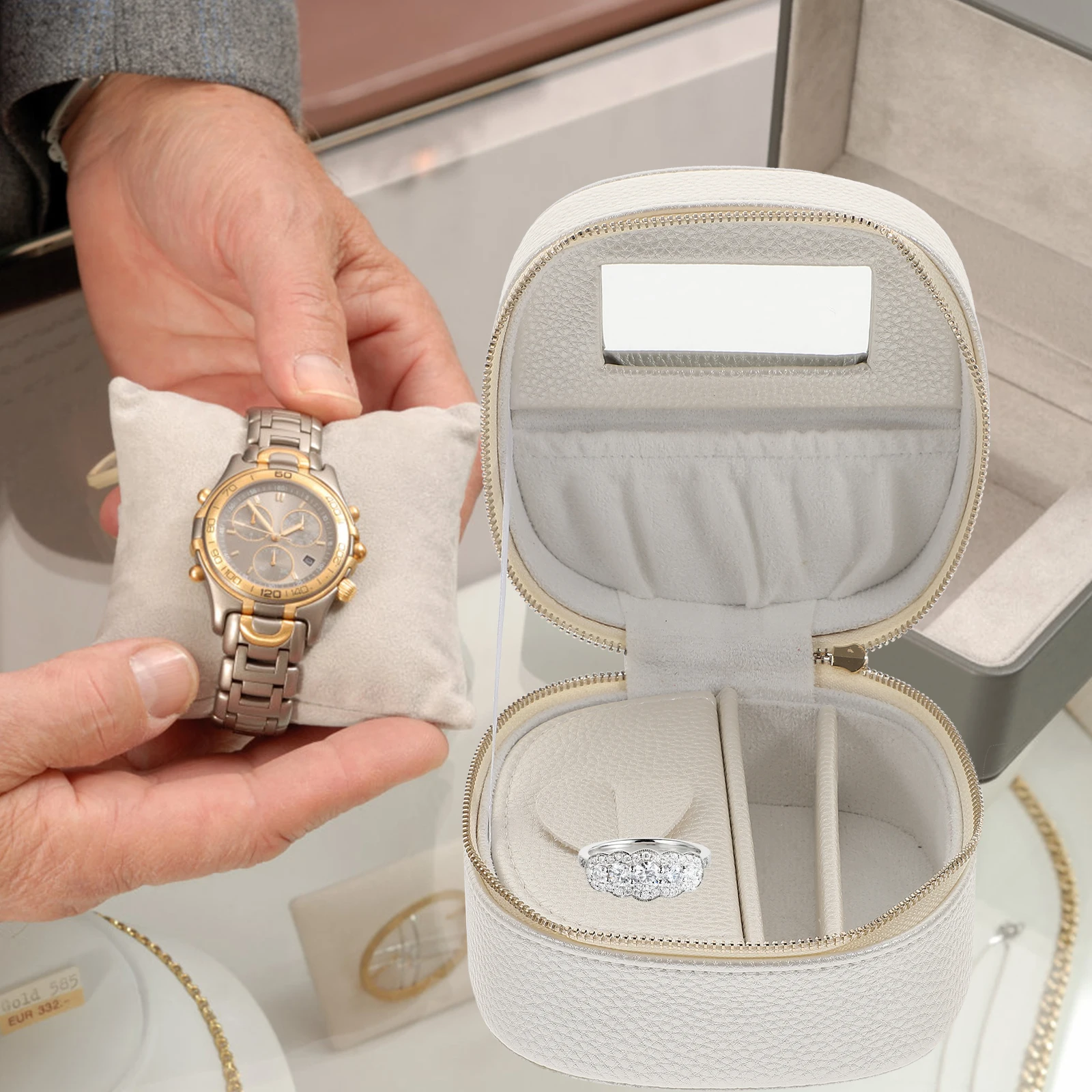 

Portable Jewelry ganizer Travel Case Vintage PU Small Box for Earrings Necklaces Bracelets Mirror Lightweight Compact Storage