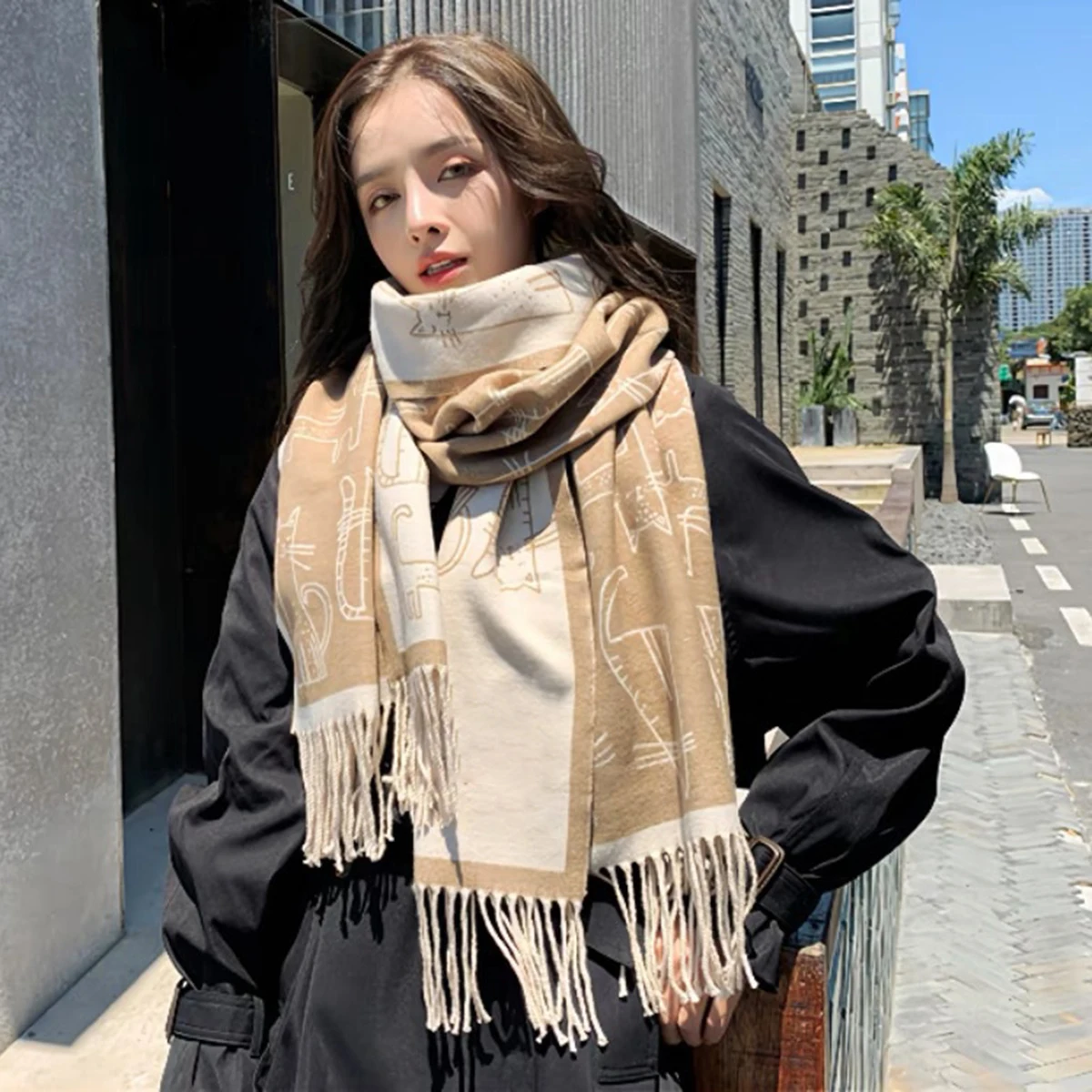 Female's New Fashion Thick Scarves in 2024 Winter Outdoor Double Sided Solid Color Bottom Cat Print Pashmina Shawl with Tessles