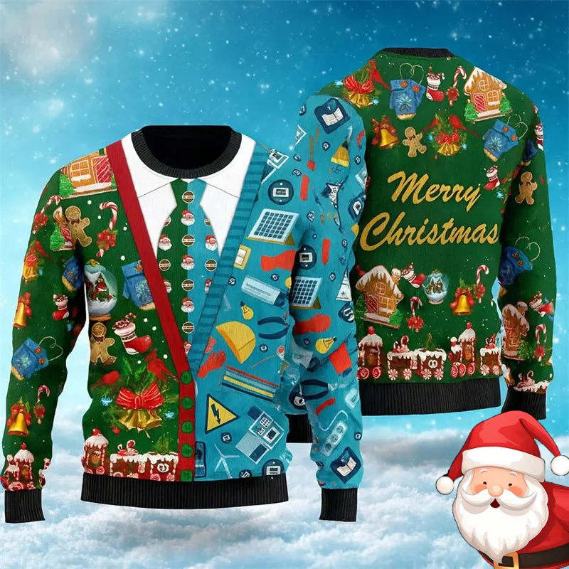 Brutto maglione natalizio da uomo divertente stampa grafica di Babbo Natale pullover caldo invernale felpa casual oversize per le vacanze