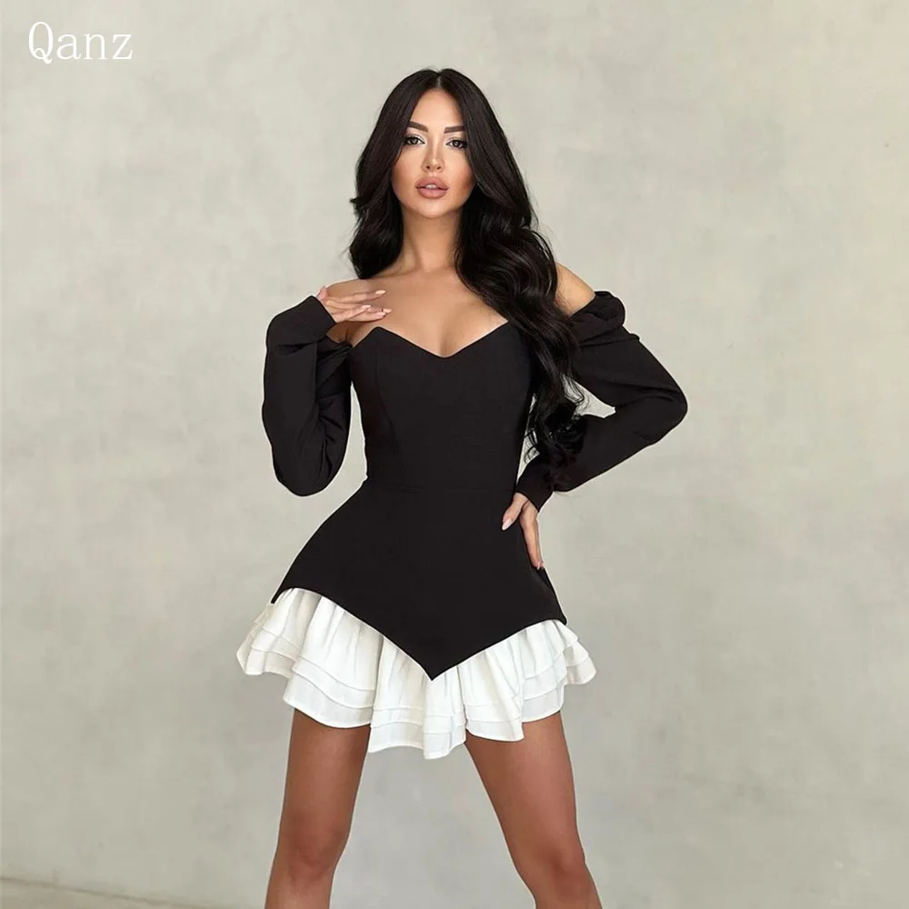 Qanz Short Black Prom Dresses Long Sleeves Mini Robes De Cocktail Strapless Dress Party Night for Women Customized