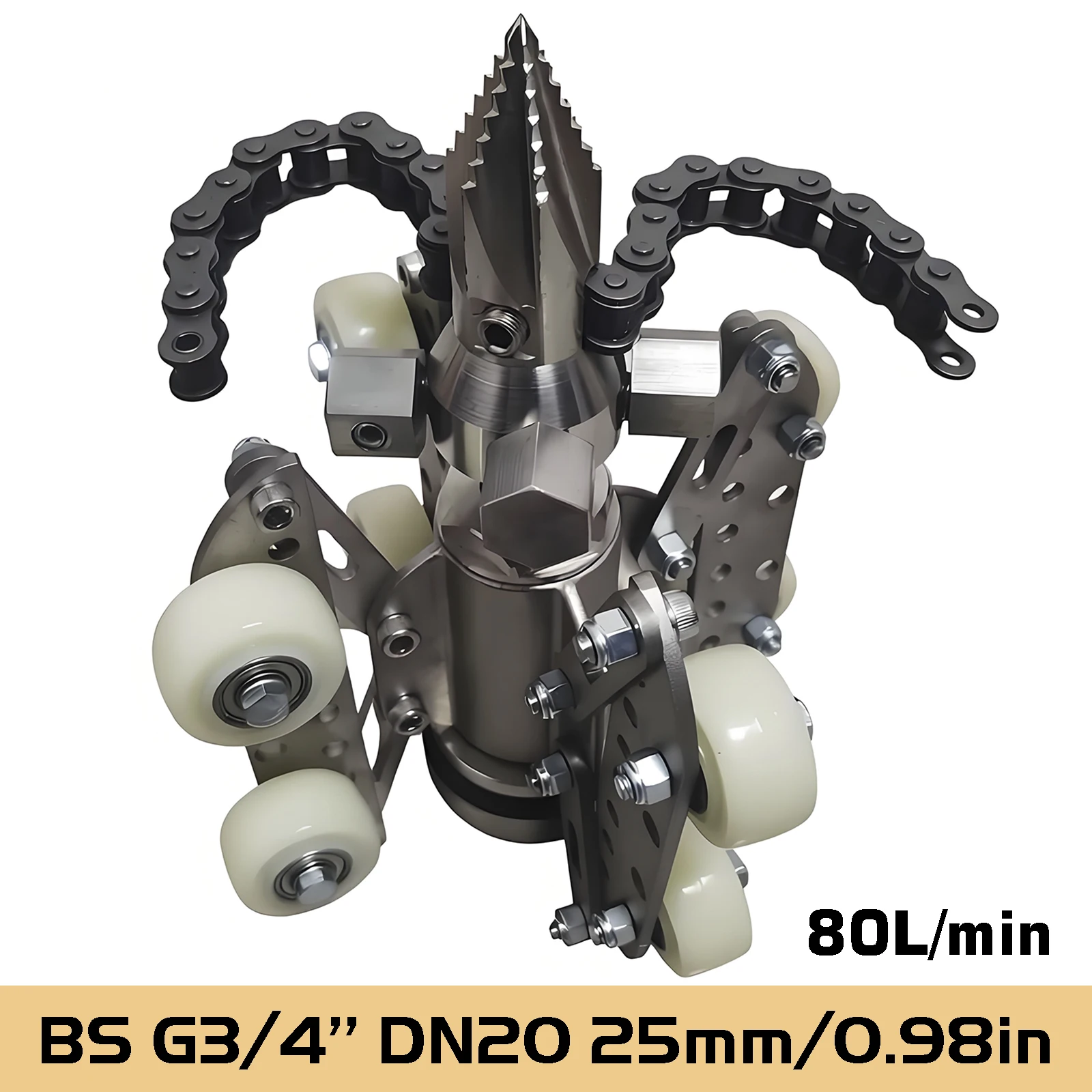 3/4'' 80L/min Internal thread 25mm 8 Wheels Rotating small aircraft chain nozzle sewer high-pressure dredging machine nozzle