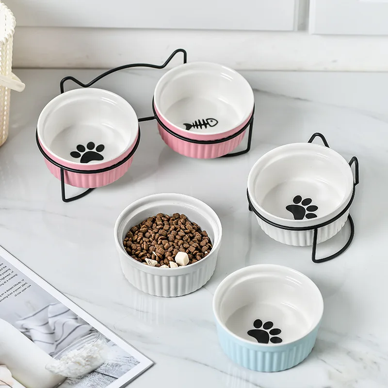 

Single Or Double Tilt Bowl Ceramic Bowl for Dog Cat Puppy Kitten Elevated Food Feeder Drinker Pet Water Bowl Pet Supplies