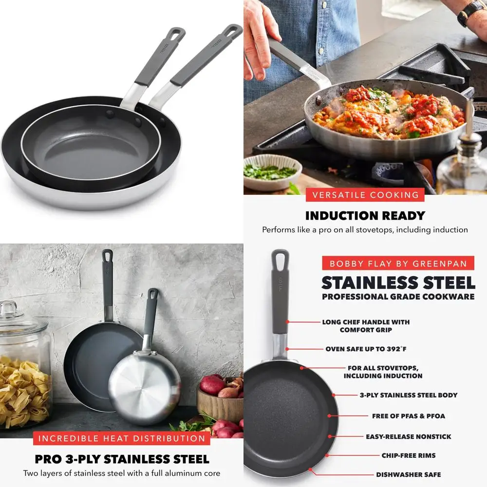 

Bobby Flay Collection: GreenPan 8 and 10 Stainless Steel Frying Pan Set, Professional Multiclad Tri-Ply, PFAS-Free Ceramic Coati