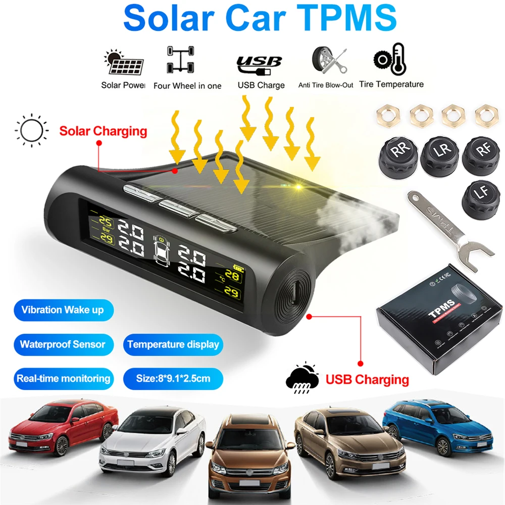 

Температура давления в шинах, беспроводной датчик давления в шинах, солнечная зарядка, подходит для автомобилей, купе, внедорожников, Mpv, грузовиков