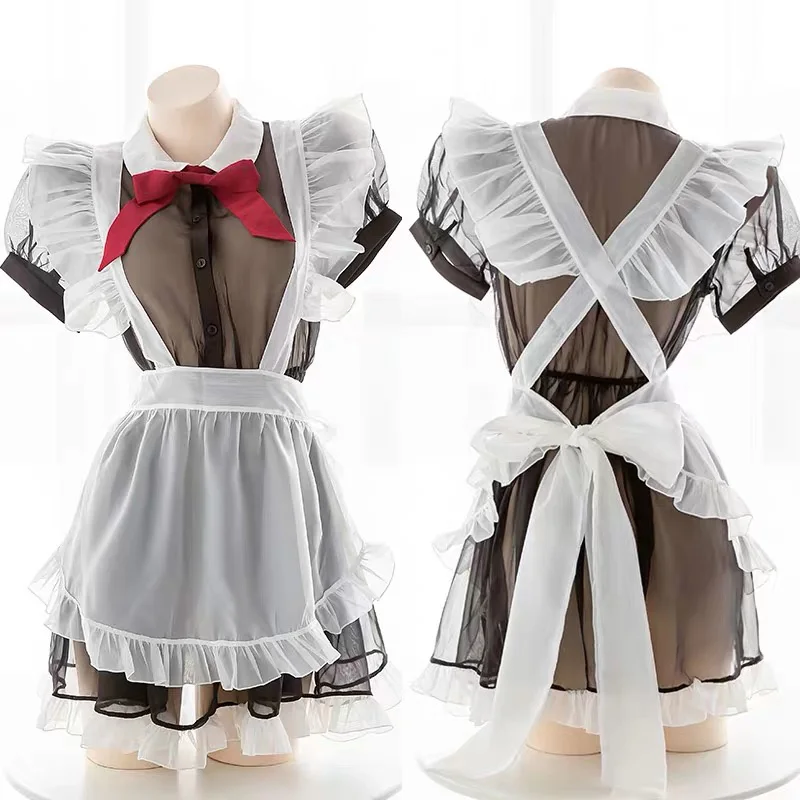 Slightly Transparent Sexy French Maid Apron Dress Party Club Nightclub Cosplay Lolita Uniform Bib Home Kitchen Couple Pinafore