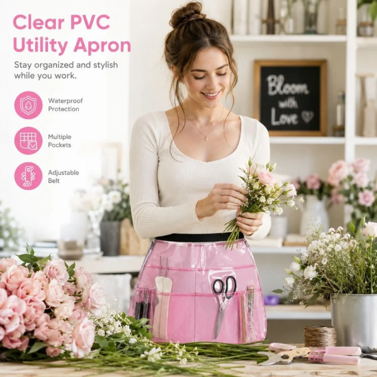 Transparent Multi-Pocket Adjustable Water-Resistant Nail Technician Tool Apron with Storage Organizer and Custom Waist Belt Work view 3