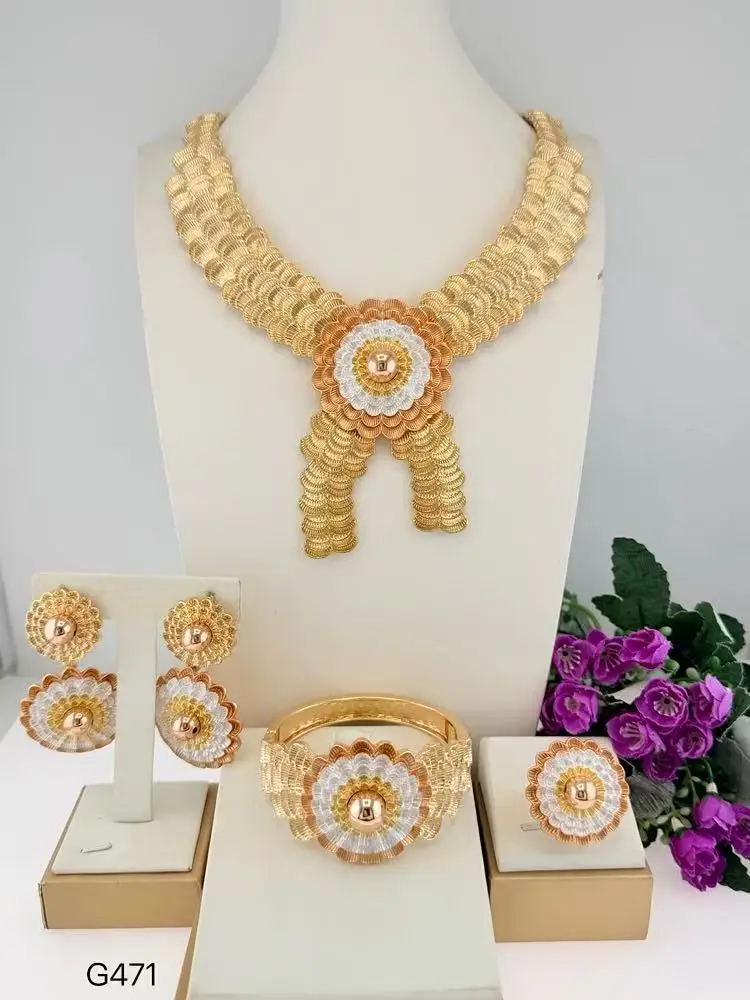 New Arrival Three Tone Flower Shape Italian Jewelry Popular Fine llaveros Collar Pulseras pin Pendient tentacles Anillos 4PC Set