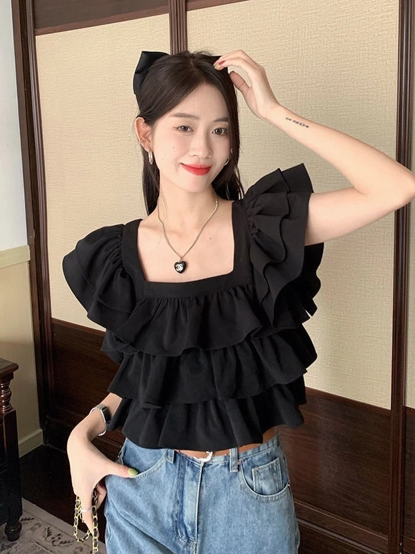 Ele Square Collar Ruffle Sve irt Women's ort Design Sense Tie Summer New Sle Anti-Wrinkle Regular Thin