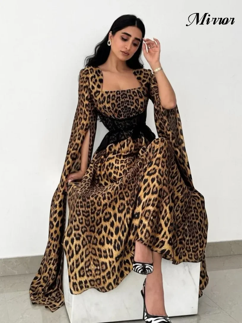 

Mirror Dress Elegant Vintage Sexy Leopard Print Square Collar A-Line Customize Formal Occasion Prom Dress Evening Party Gowns