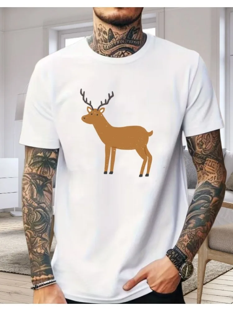 Simple Cartoon Wild Deer Graphic Mens Cotton Short Sleeve Tee Outdoor Wildlife Nature Lover Casual Daily Streetwear Gift Tops