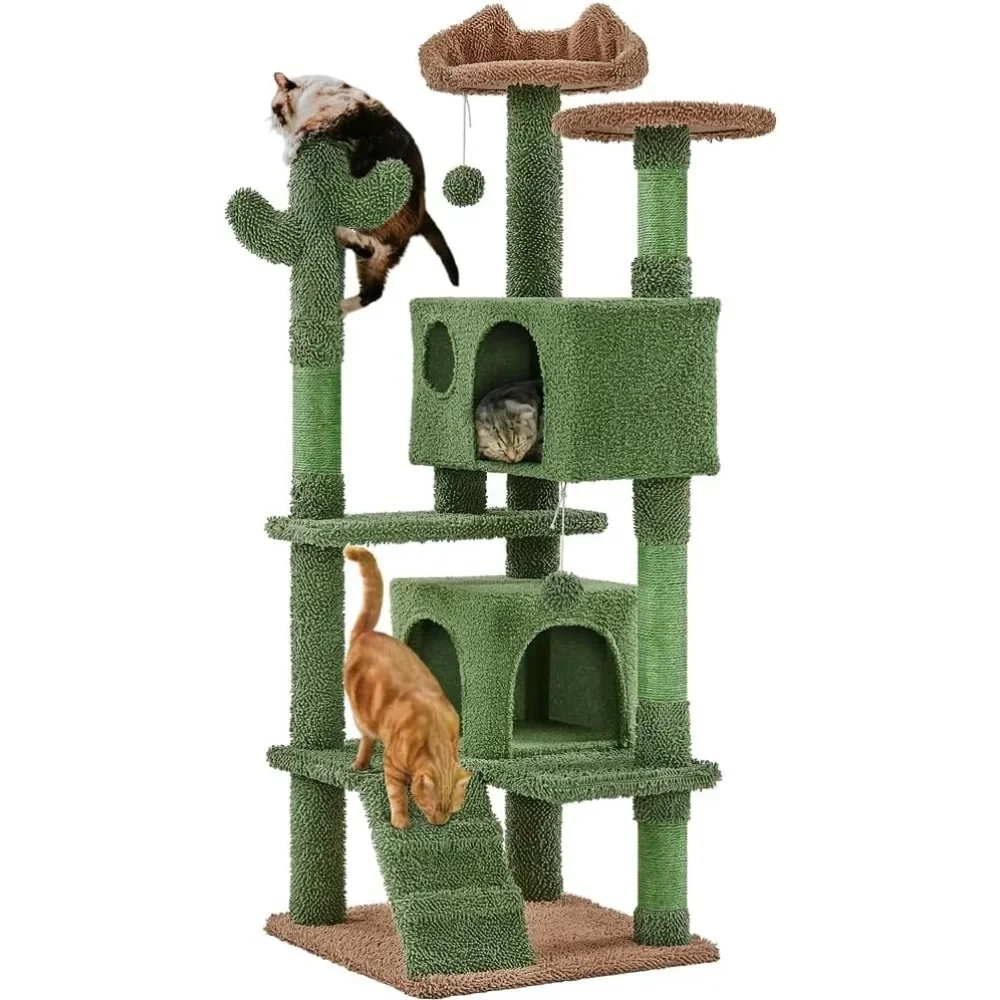 

54.5in Green/Brown Cat Tree With Ramp, Animal-Ear Perch, Scratching Posts, Platform & Hanging Ball