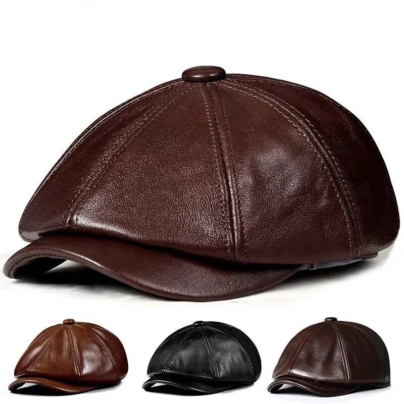 

Spring New Genuine Leather Hat Cap Cowhide Beret Warm Cotton Men Padding Brand Brown/Black Duck Hat