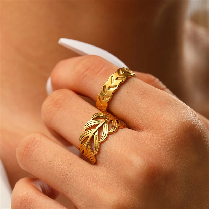 316L Stainless Steel Fashion Exquisite Jewelry Retro Style 2 Pieces /Set Adjustable Opening Size Leaves Shape Rings For Women