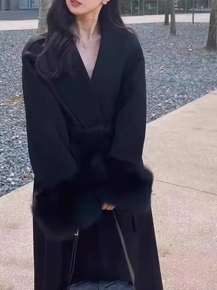 Two Sided Spliced Cashmere Coat For Women turn down collar Long Sleeves Solid Color Coats Winter 2025 New