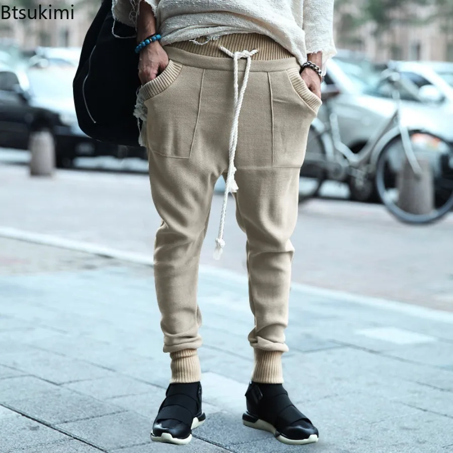 Men's Autumn Brown Casual Sports Trousers Loose Tucked Foot Drawstring Personalized Color Block Knitted Casual Trousers for Men