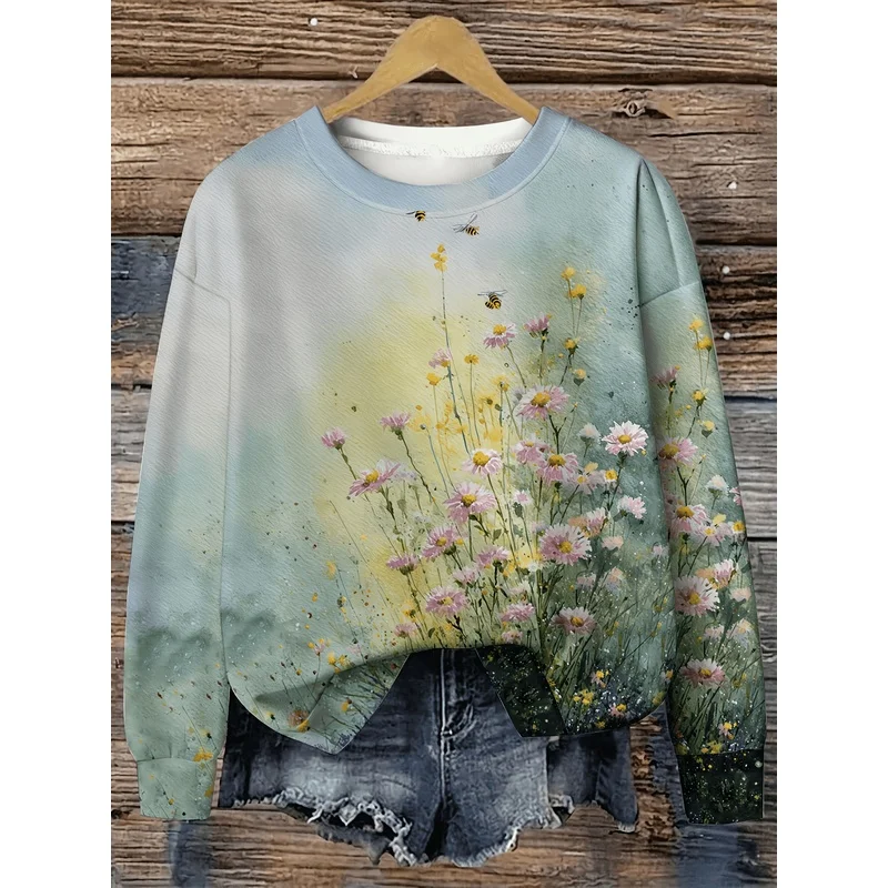 Women Watercolor Wildflower Bee Print Crew Neck Sweatshirt, Vintage Gradient Long Sleeve Oversized Pullover Casual Floral Graph