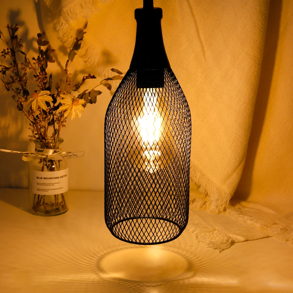 

Modern Pendant Candle Holder Bedroom Table Dining Light Hanging Lamp Black Wine Bottle Iron Hanging Cage LED Lamp Shade