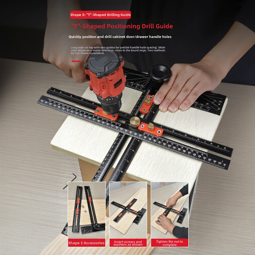 Multi-Functional Angle Ruler And T-Square Set For Cabinet Making With Automatic Locking Point And Extended Reach Design