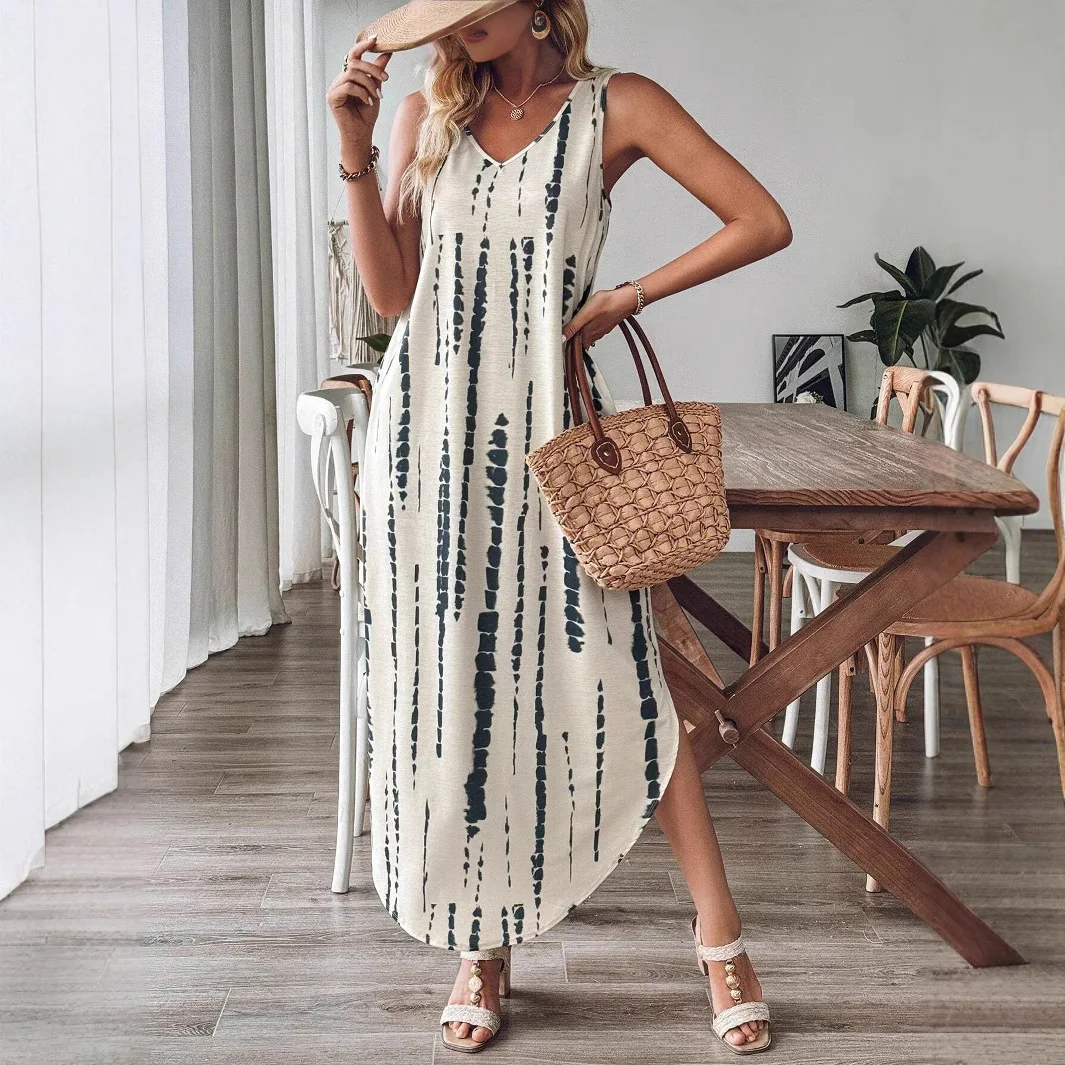 Modieuze vrijetijdsjurk Mouwloze zomerjurk met losse split en print V-hals Kleurblokken Print Mouwloze lange jurk voor dames