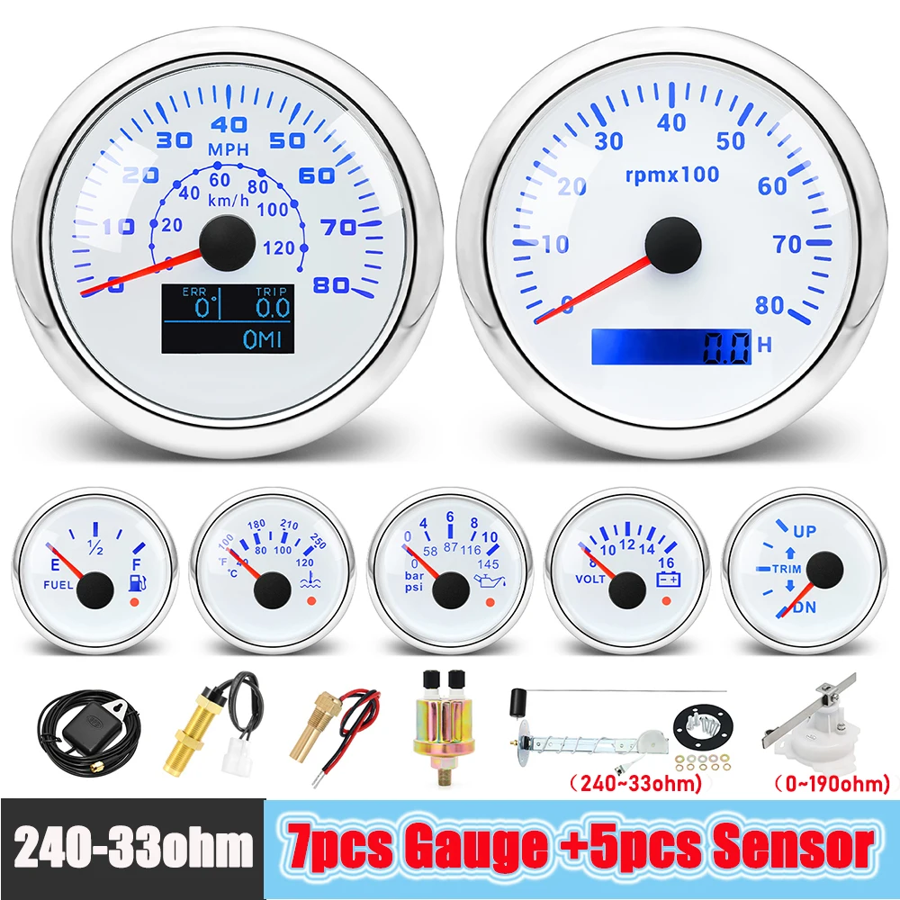 Multi-functional 7 Gauge Set 0-120KHM 0-80MPH Speedometer 85MM Digital Tacho 7Colors Backlight Oil Press Volt Temp Meter Custom