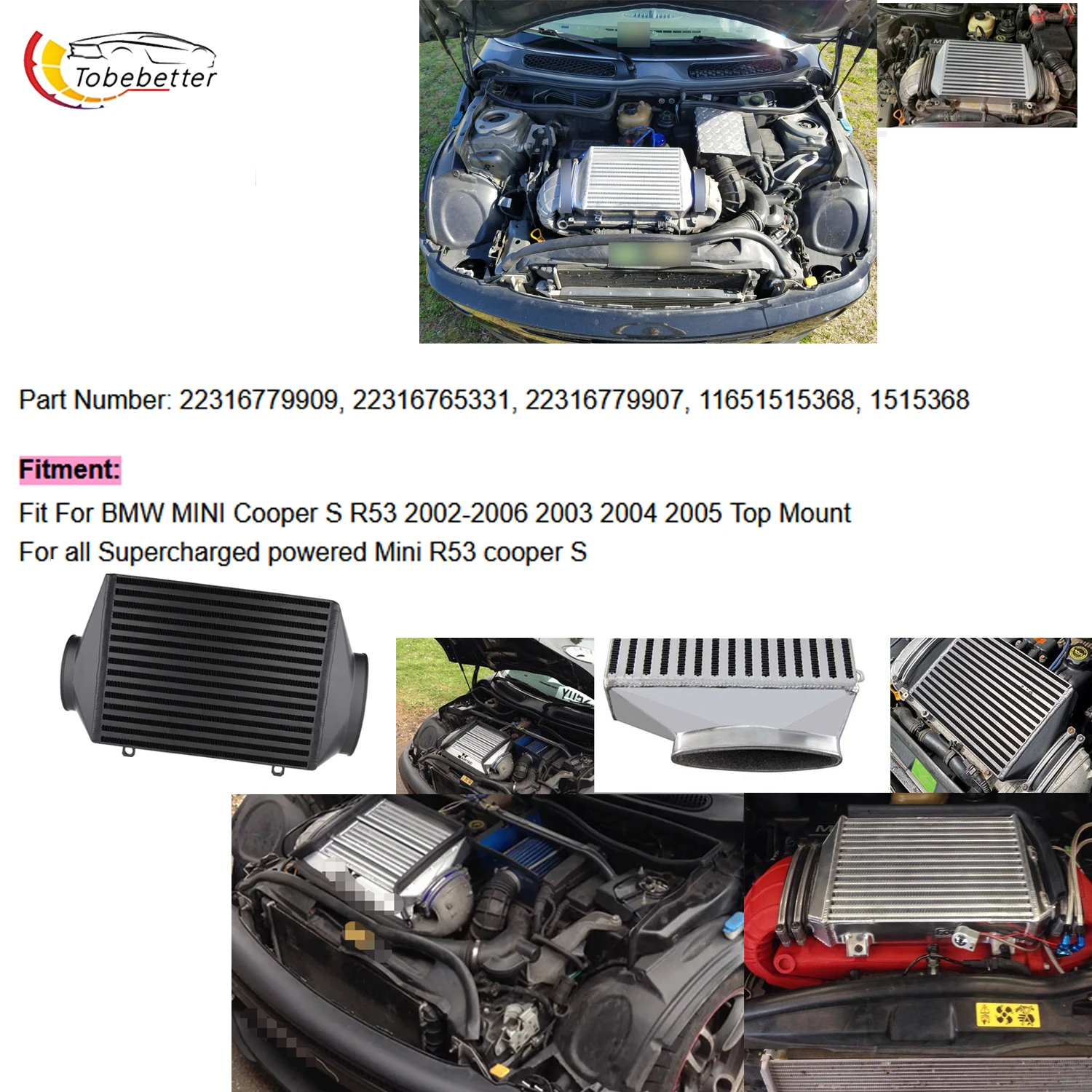 Intercooler de alto fluxo com montagem superior, atualizado, compatível com Mini Cooper S R53 R52 Supercharger 1.6L turbo de 2002, 2003, 2004, 2005 e 2006.