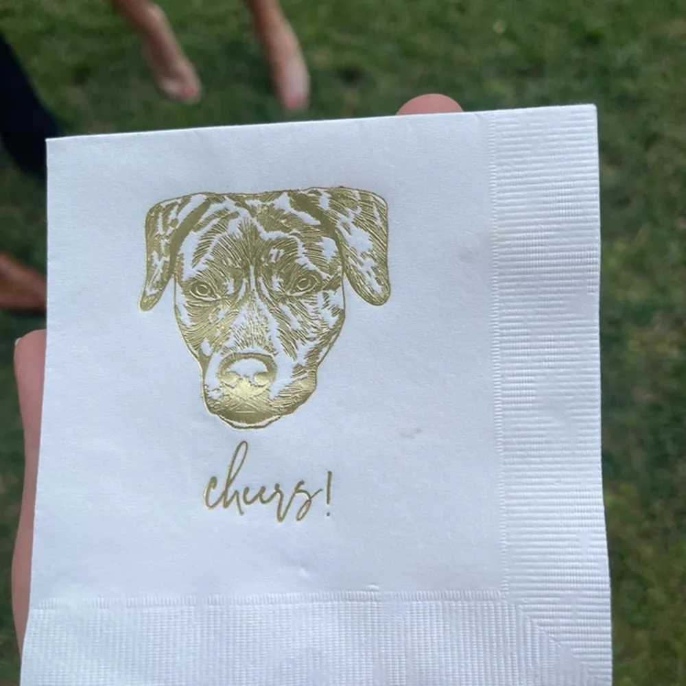 Cheers!, 50Pcs Personalized Illustrated Dog Wedding Napkins, Pet Wedding Napkins,Bridal Shower, Engagement Party, Bar Napkins