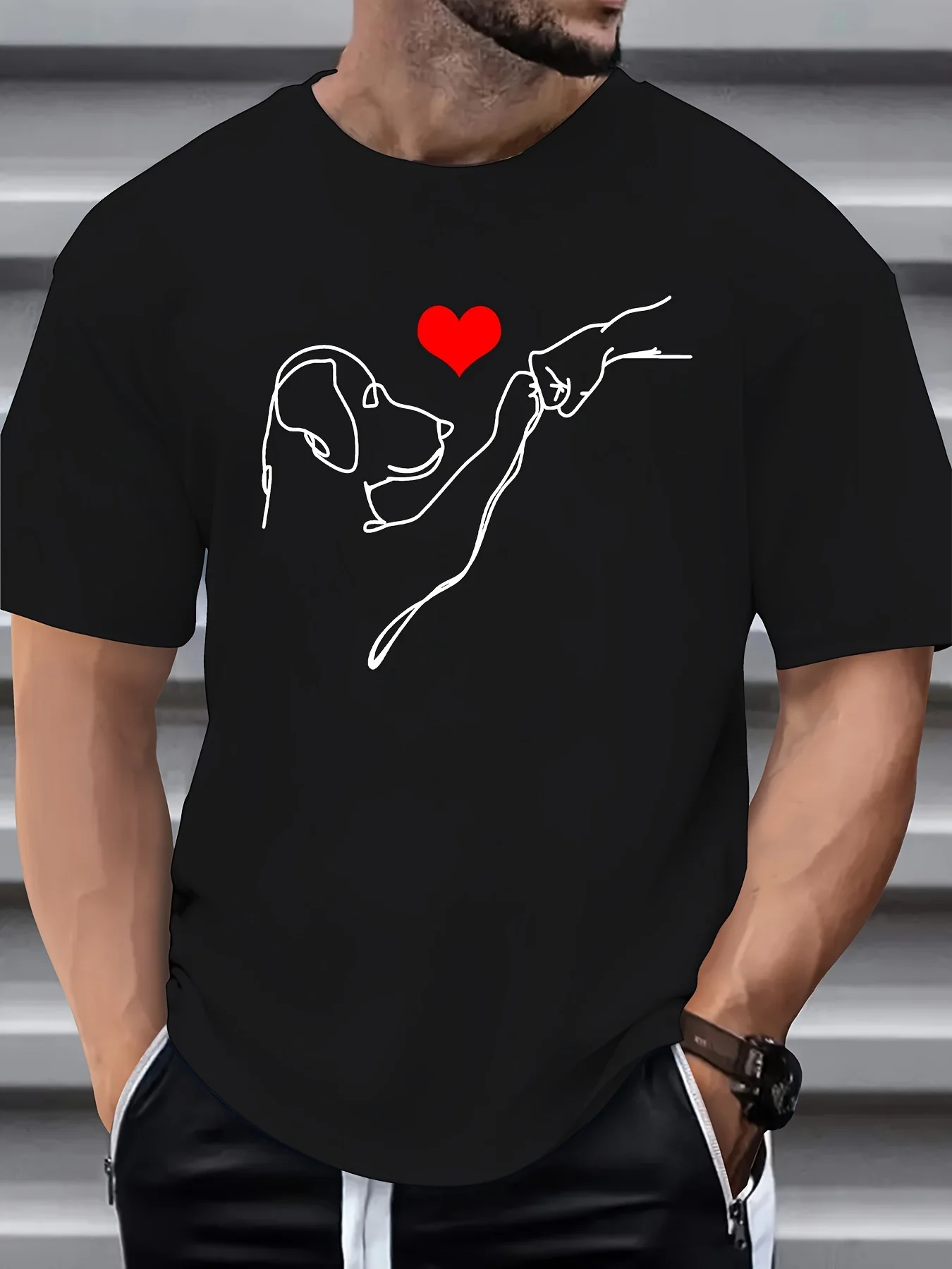 Men's Summer 100% Cotton Fashionable Casual Loose Dog and Heart Pattern Printed Sports Round Neck Short Sleeve T-shirt Top