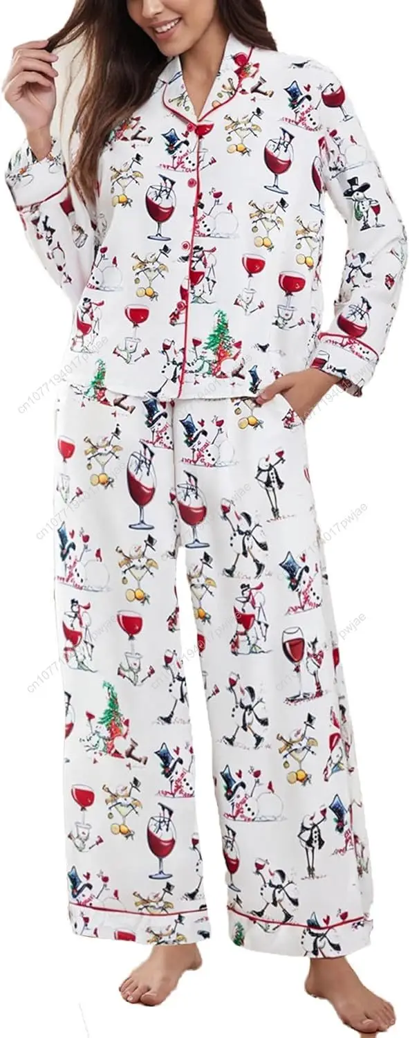 

Women Christmas Pajamas Satin Silk Long Sleeve Shirt and Wide Leg Pants Set 2 Piece Pjs Sleepwear Lounge Wear