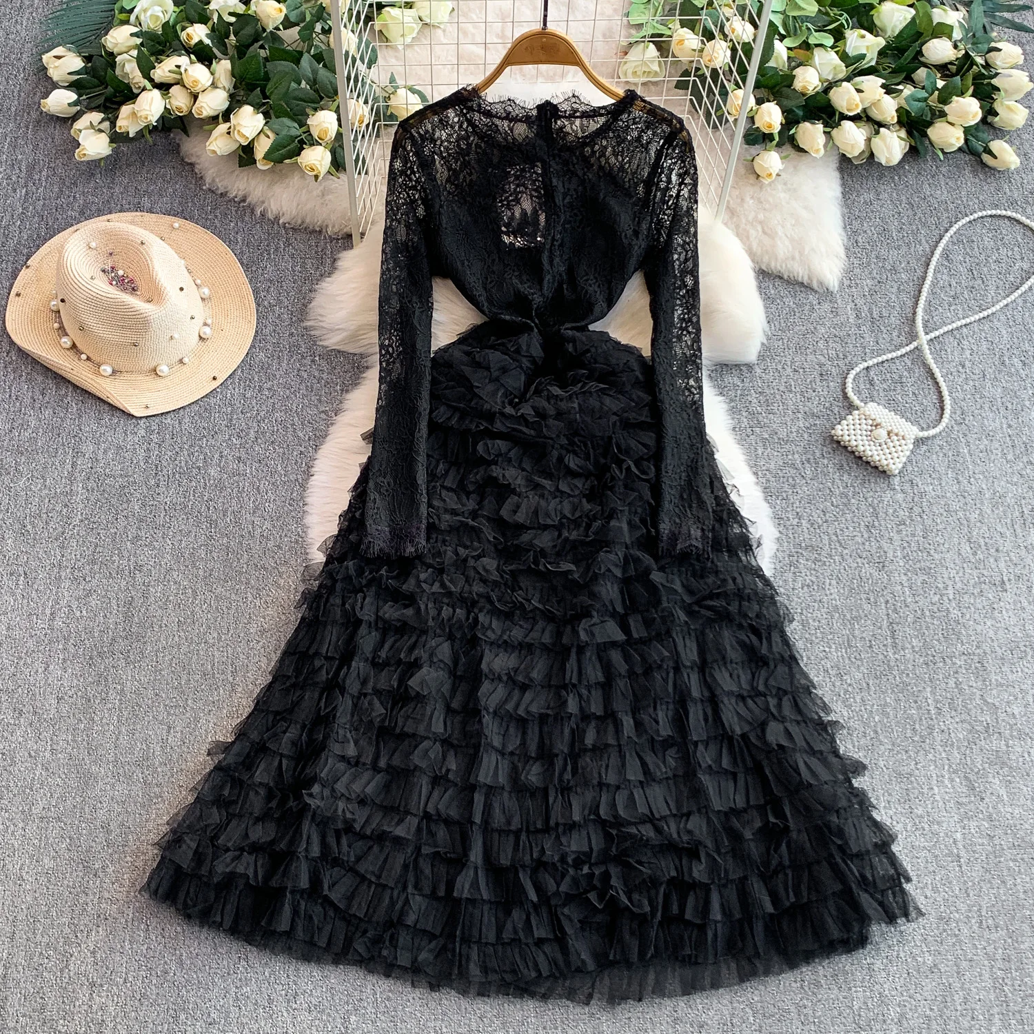 Vestido de fiesta Sexy y elegante de manga larga con encaje ajustado y cuello redondo, vestidos de ceremonia de moda coreana para mujer