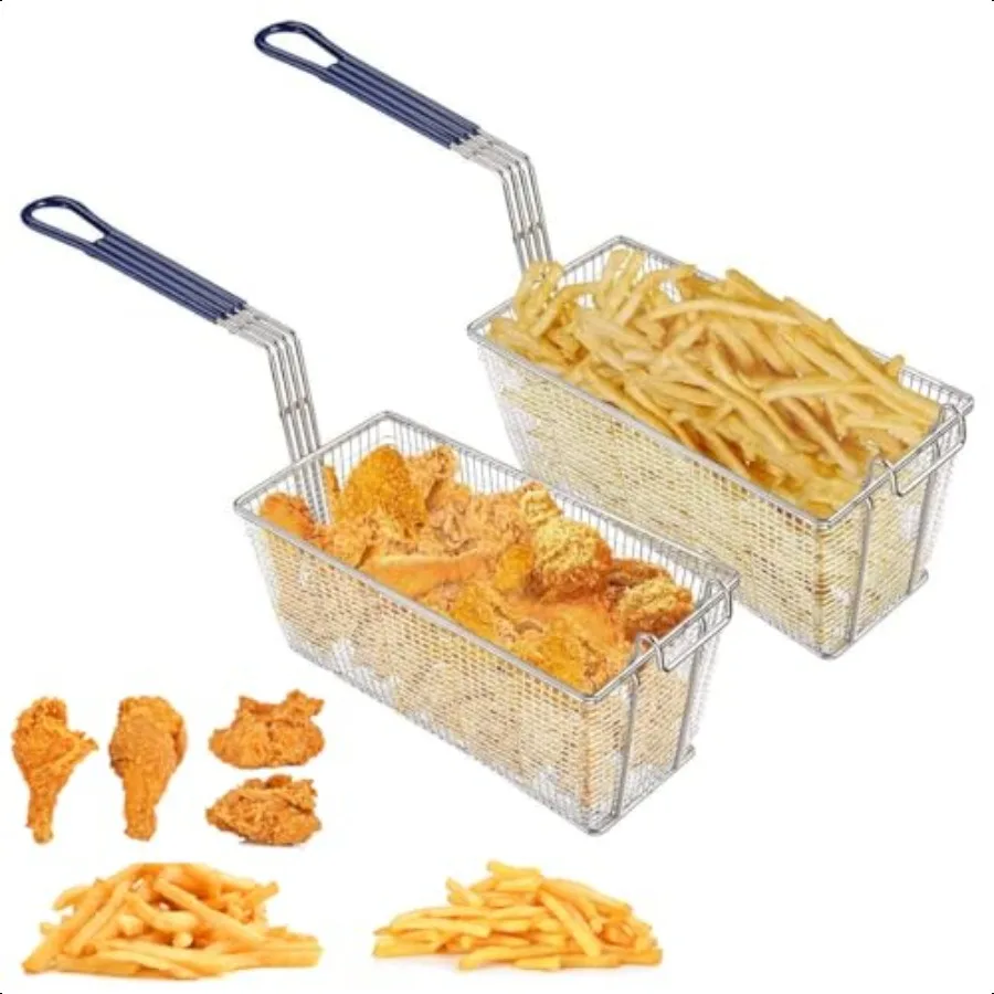 

2PCS Deep Fryer Basket Commercial Use NonSlip Handle Heavy Duty Nickel Plated Iron Construction Chip Basket 13 1 4 x 6 1 2 x 6