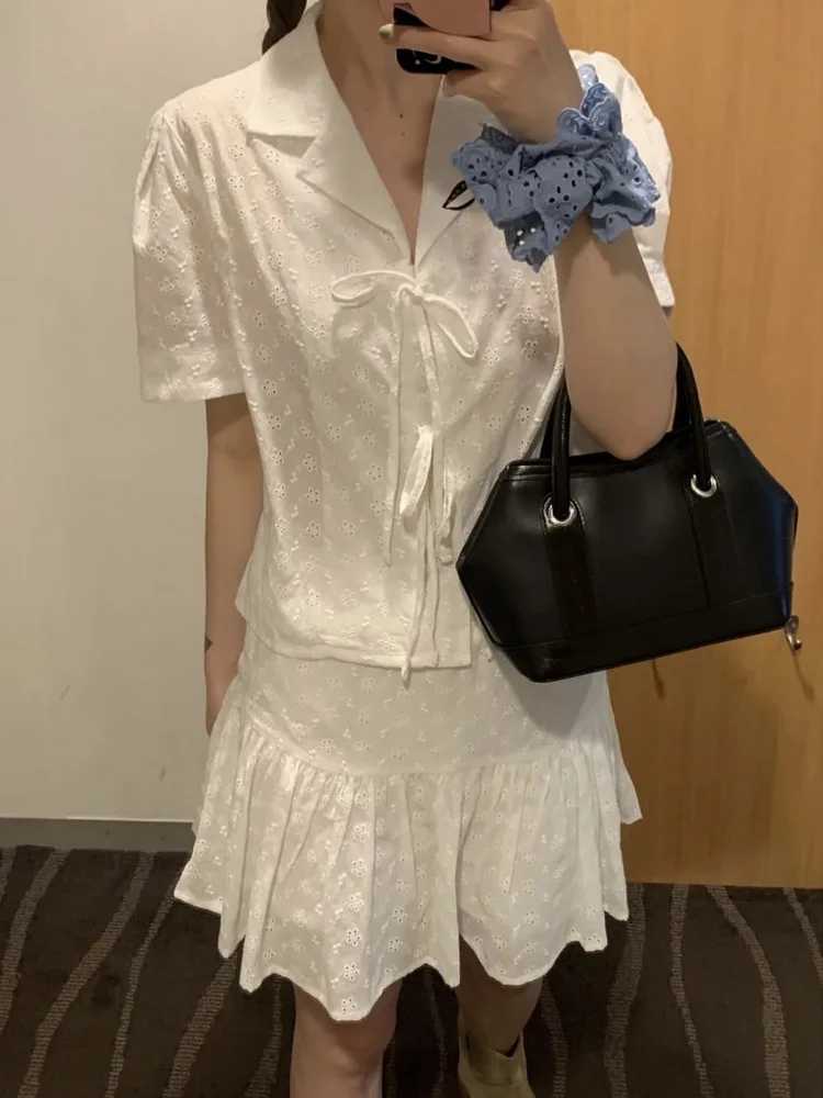 

Women's Embroidered Hollow out irt Top with Stand Collar Loose Fit Sweet Young Looking Pleated f Skirt Set Cotton Summer...
