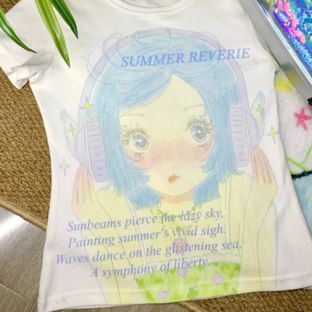 

Summer girl sweet learning anime print slim fit short sleeved T-shirt Y2K retro millennium casual women's top