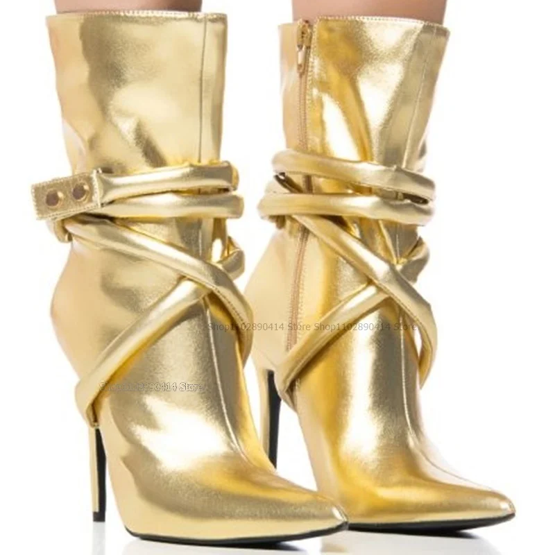 

Gold Strappy Buckle Decor Pointed Toe Boots Mid Calf Side Zipper Women Shoes Thin High Heel Fashion New 2023 Zapatos Para Mujere