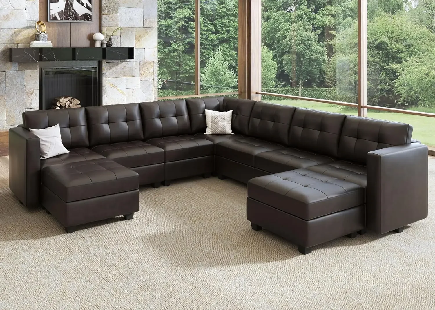 U Shaped Sectional Couch Faux Leather Oversized Modular Sofa with Storage ottoman